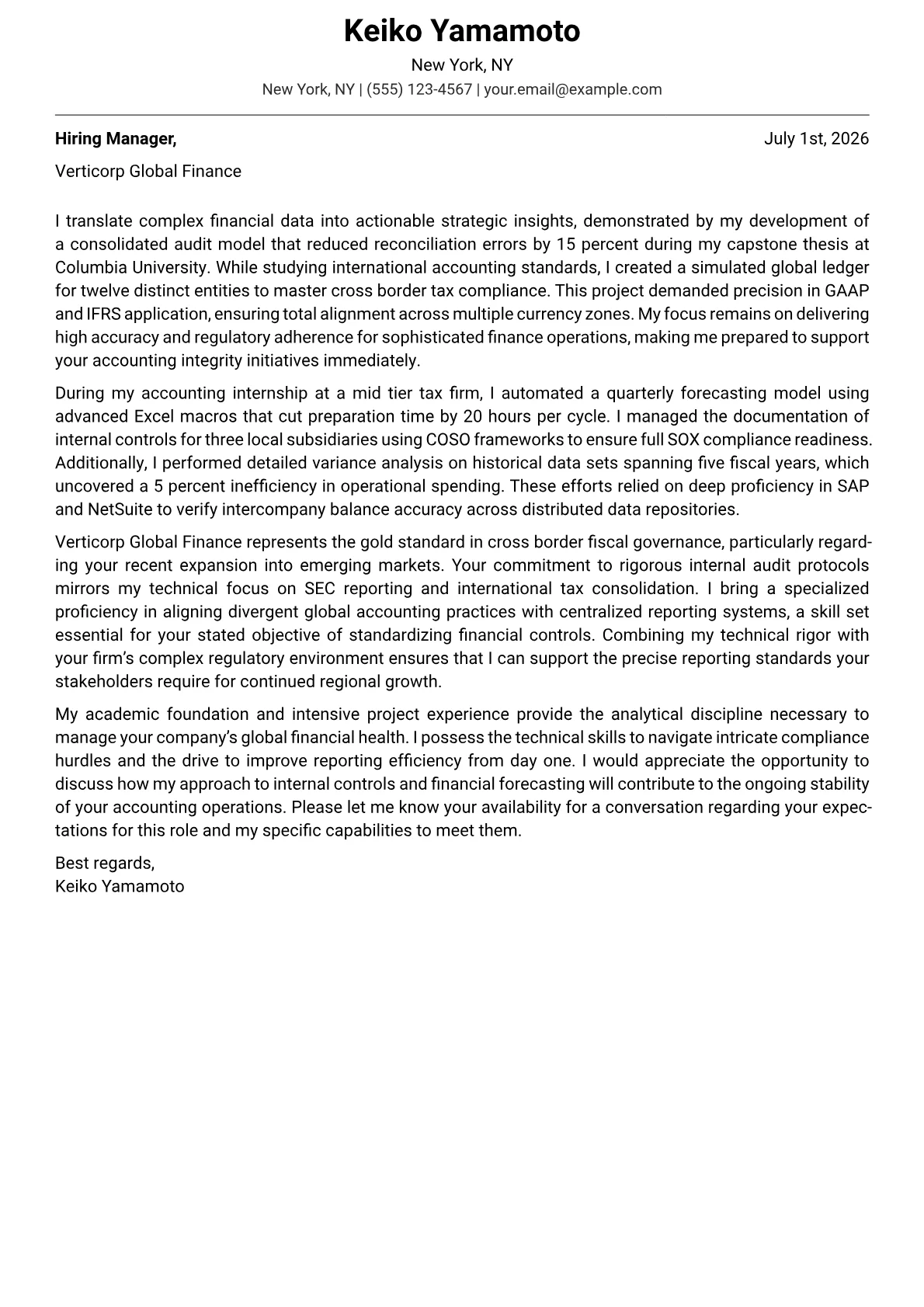 Global Controller cover letter in the Modern design