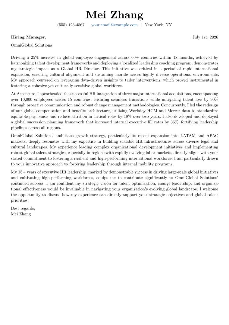 Global HR Director cover letter example preview