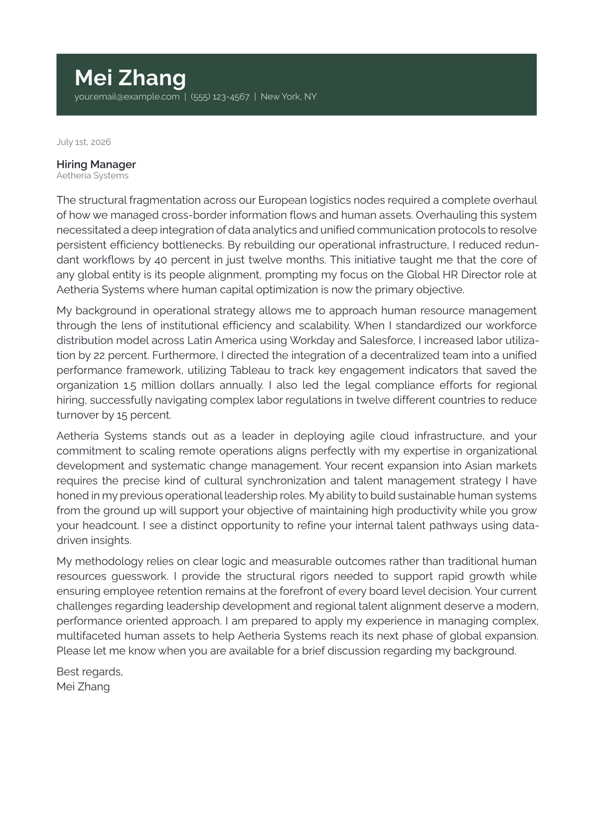 Global HR Director cover letter in the Banner design