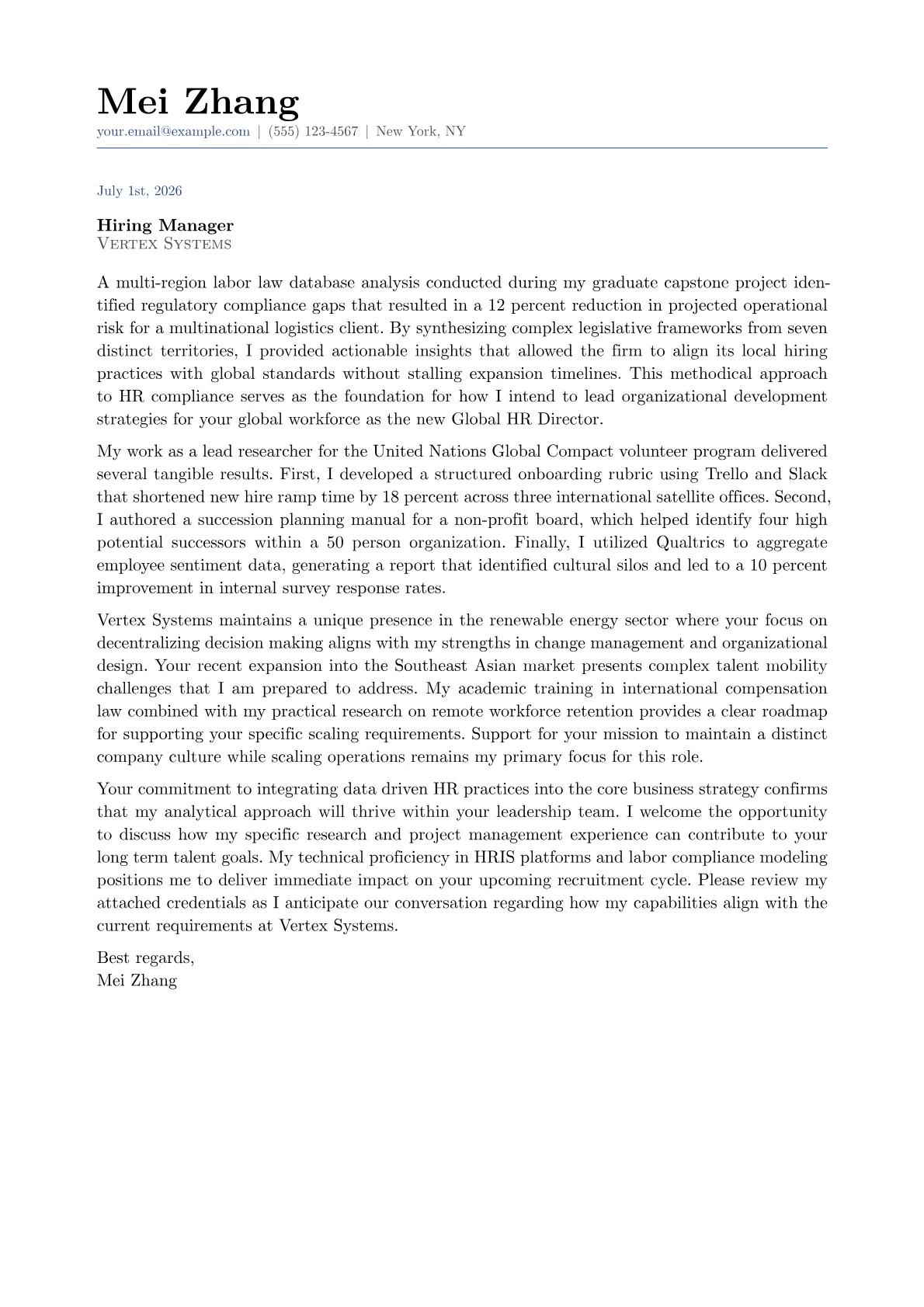 Global HR Director cover letter in the Classic design