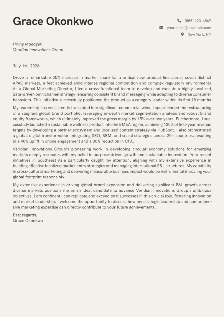 Global Marketing Director cover letter example preview