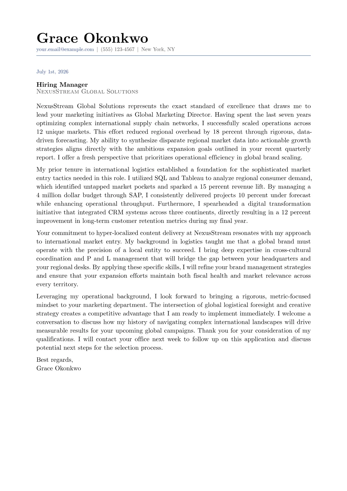Global Marketing Director cover letter in the Classic design