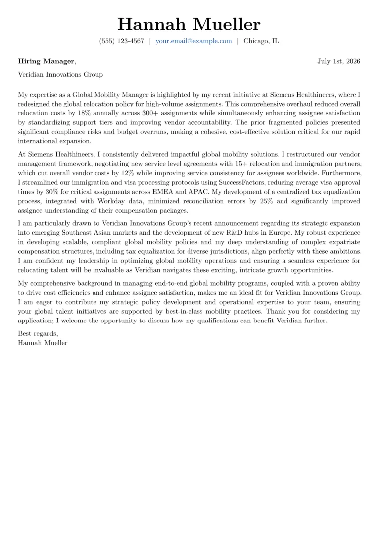 Global Mobility Manager cover letter example preview