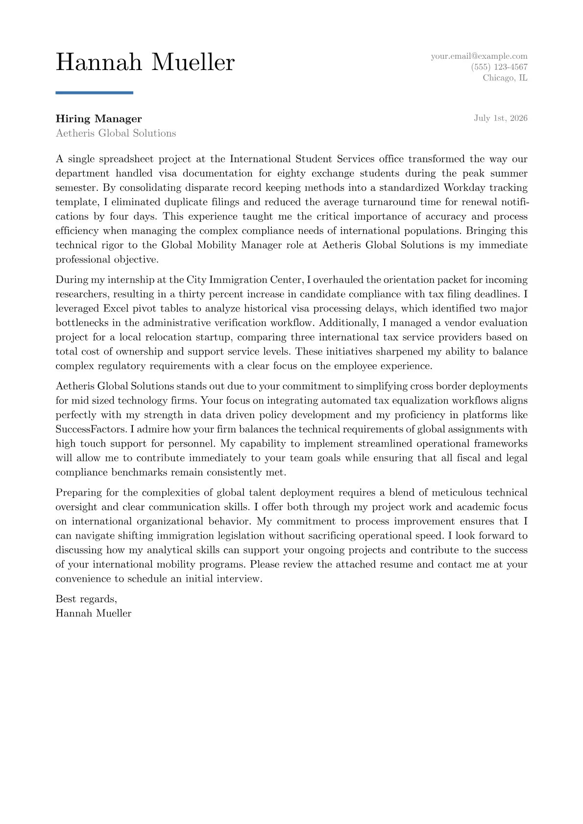 Global Mobility Manager cover letter in the Executive design