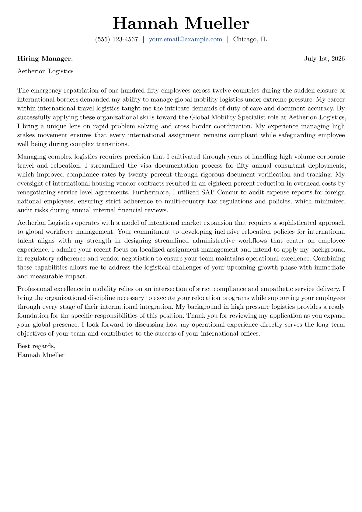 Global Mobility Specialist cover letter in the Basic design