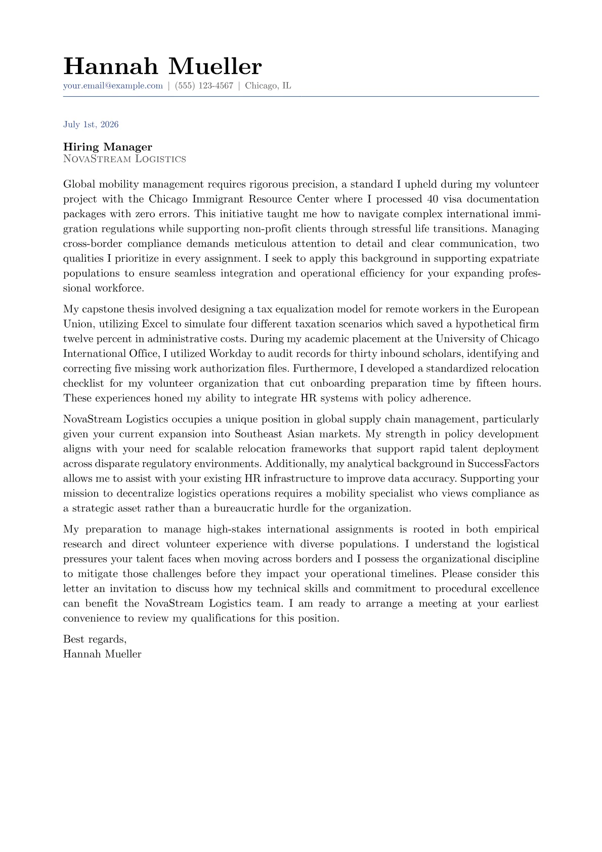 Global Mobility Specialist cover letter in the Classic design