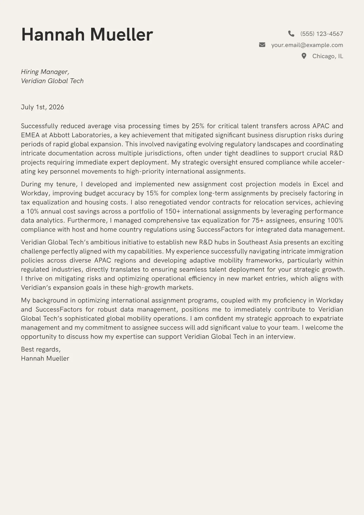 Global Mobility Specialist cover letter formatted with a JobSprout template
