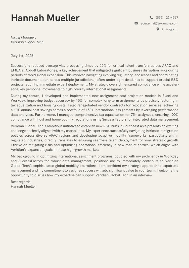 Global Mobility Specialist cover letter example preview