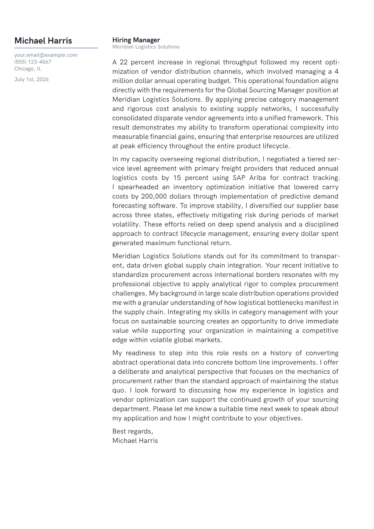 Global Sourcing Manager cover letter in the Margin design