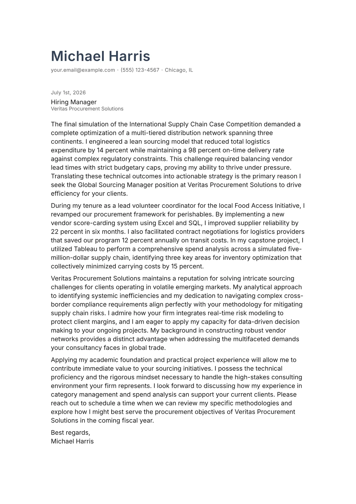 Global Sourcing Manager cover letter in the Minimal design