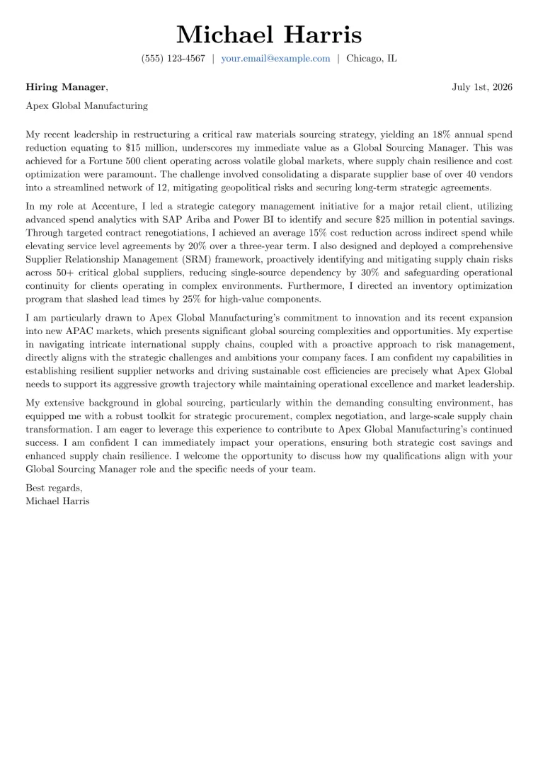 Global Sourcing Manager cover letter example preview