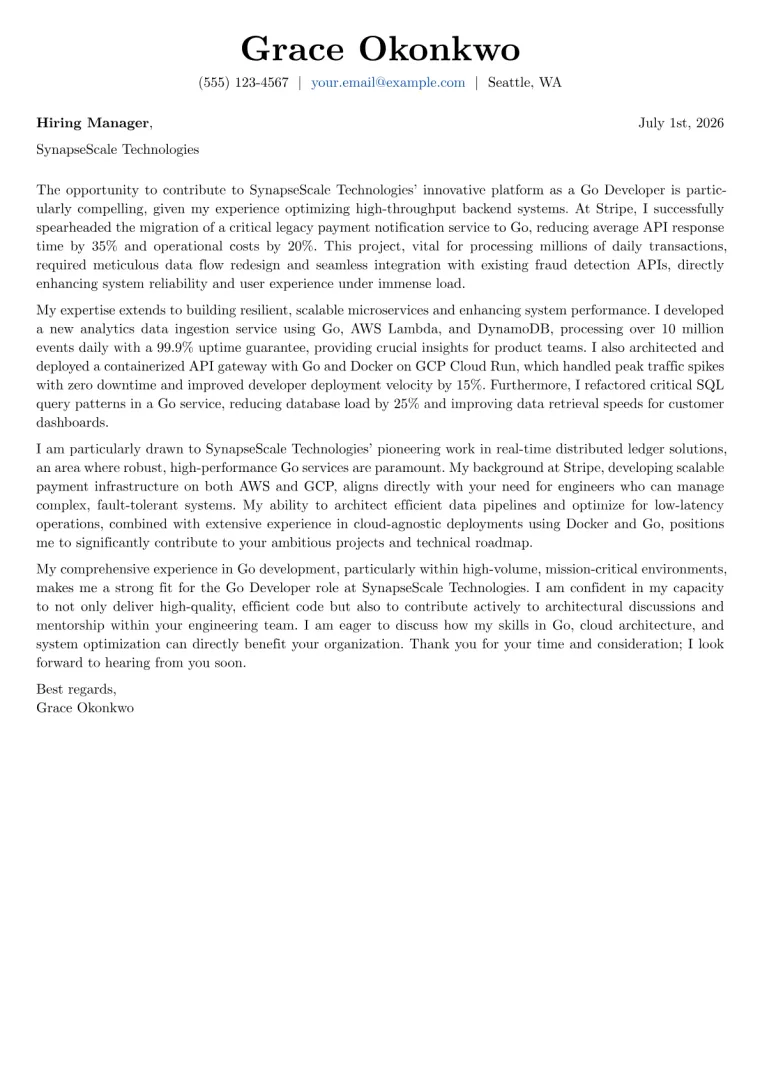 Go Developer cover letter example preview