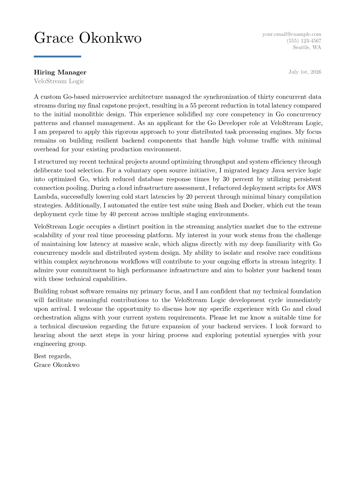 Go Developer cover letter in the Executive design