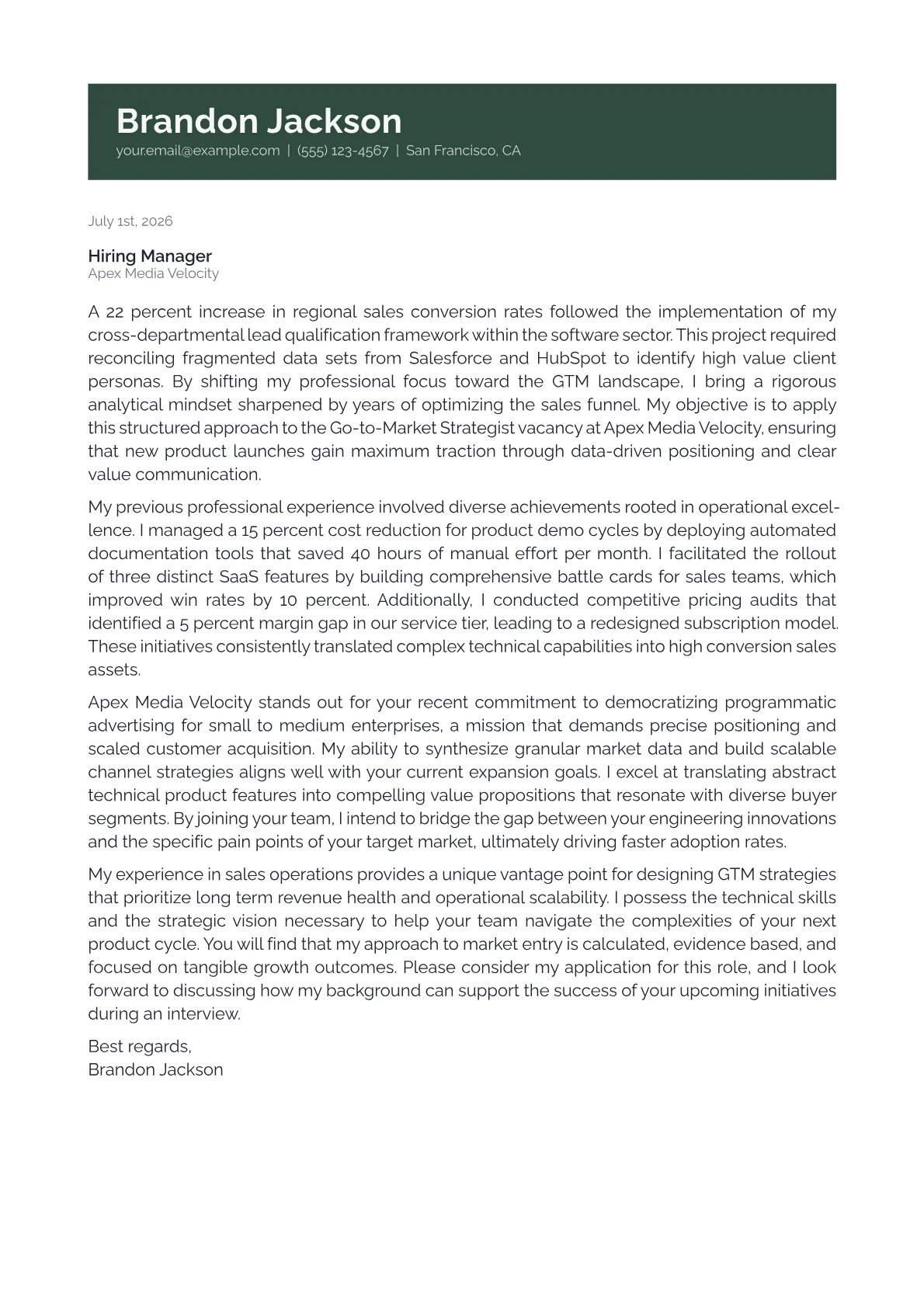 Go-to-Market Strategist cover letter in the Banner design