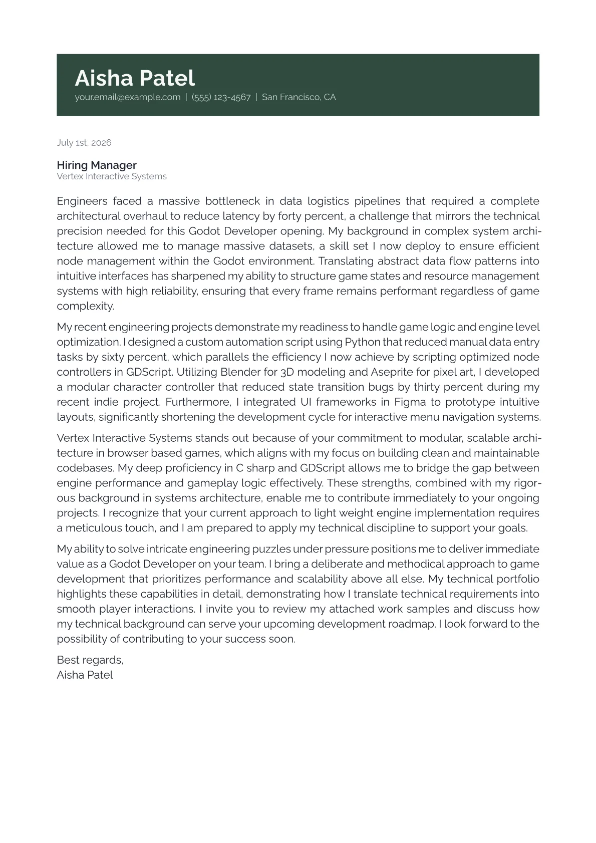 Godot Developer cover letter in the Banner design