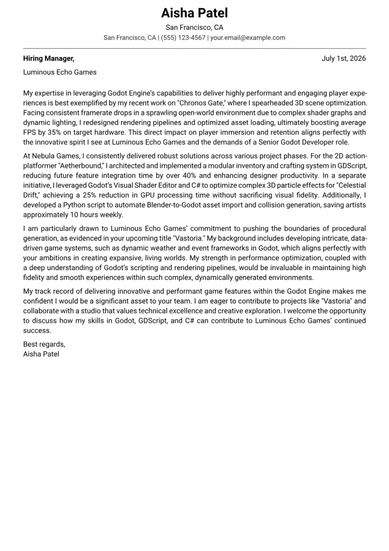 Godot Developer cover letter example