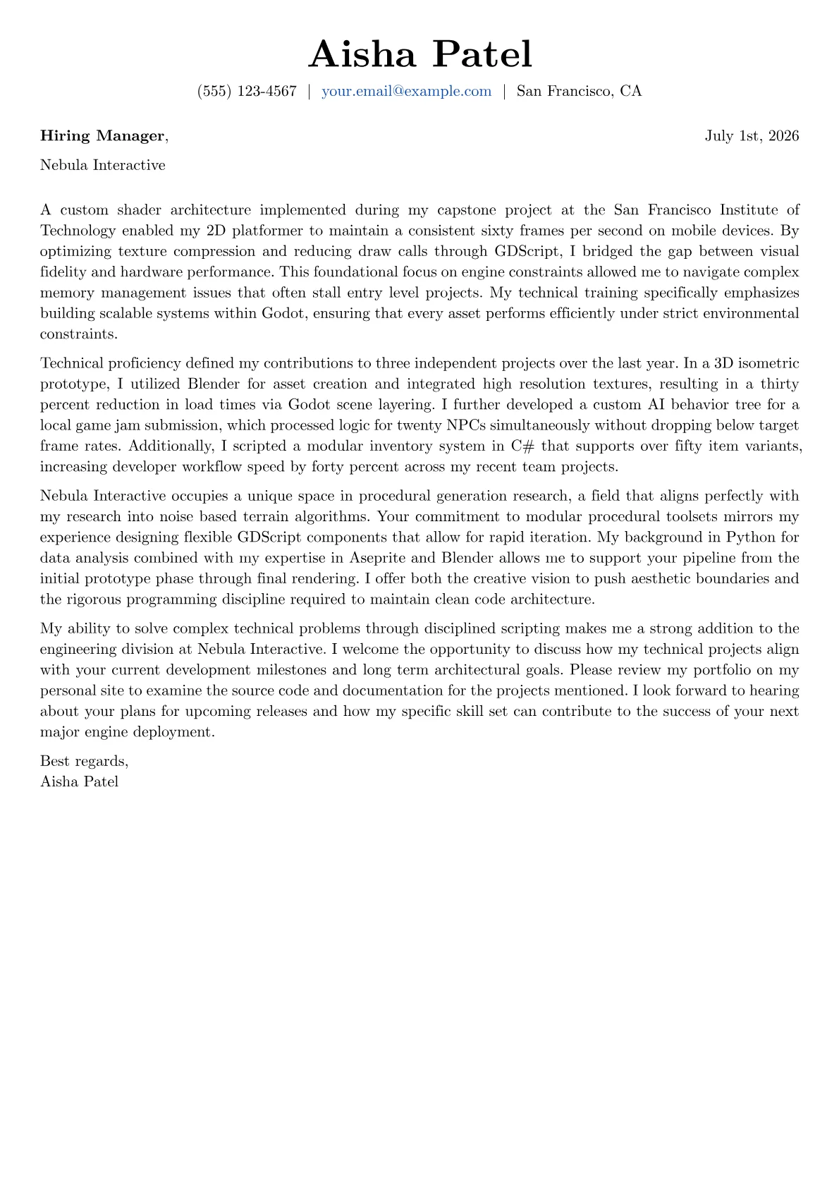 Godot Developer cover letter in the Basic design