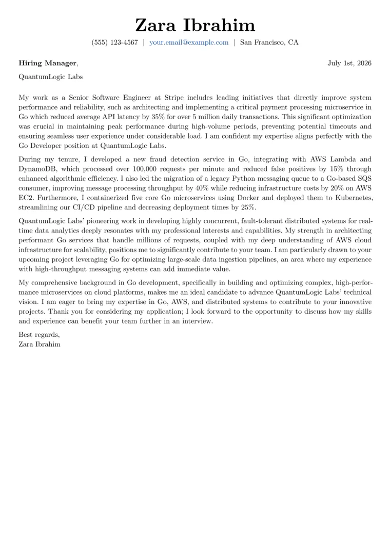 Go Developer cover letter example preview
