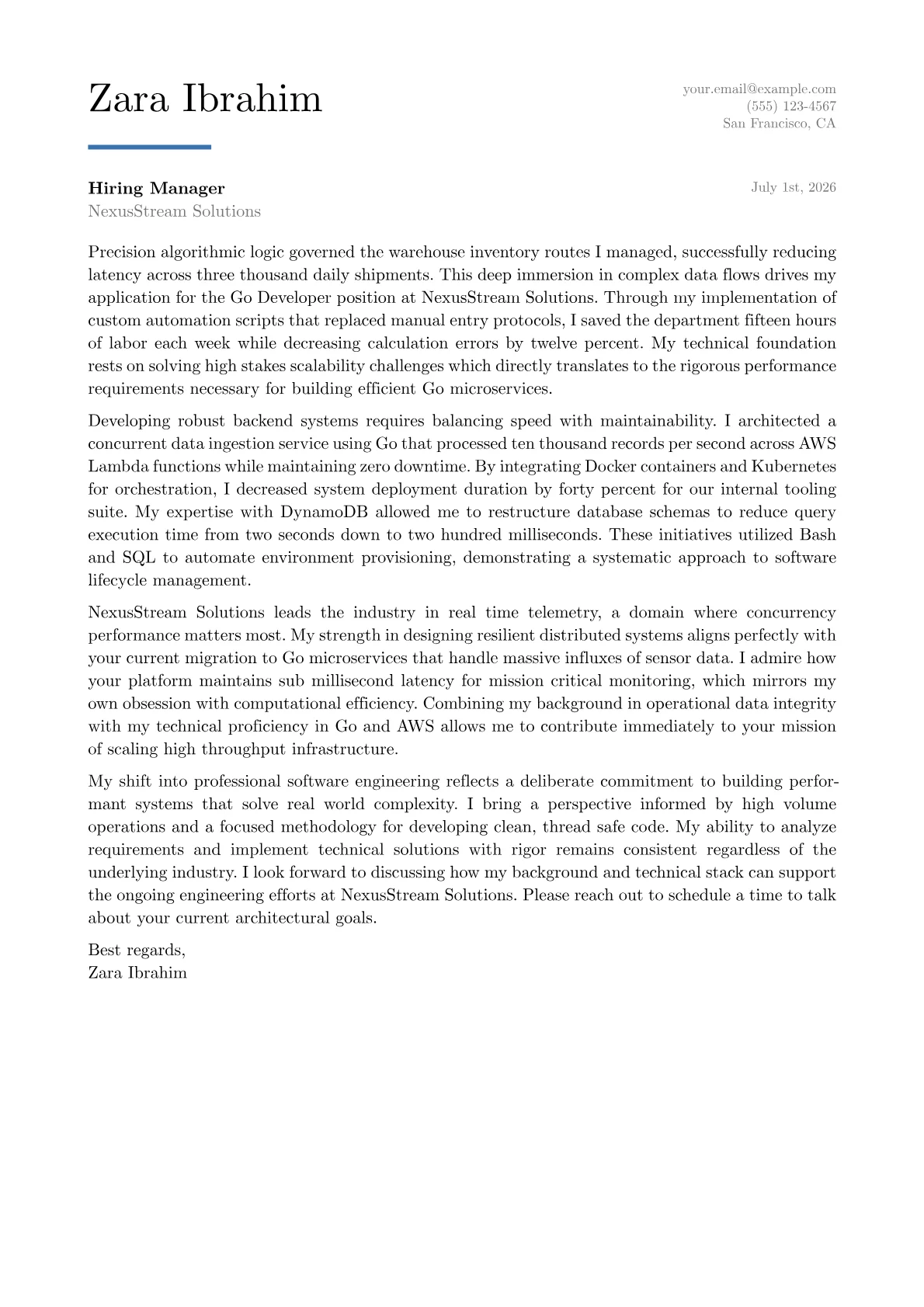 Go Developer cover letter in the Executive design