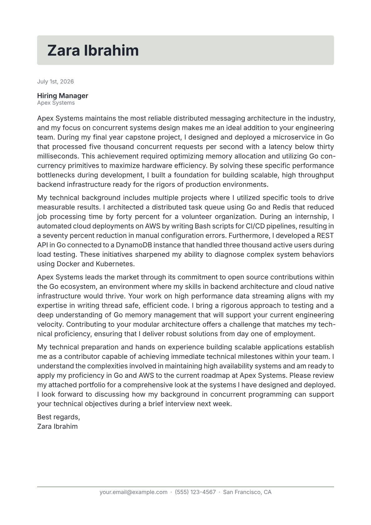 Go Developer cover letter in the Letterhead design