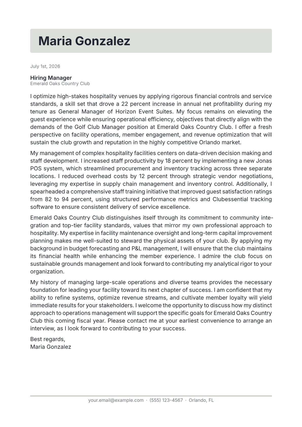 Golf Club Manager cover letter in the Letterhead design