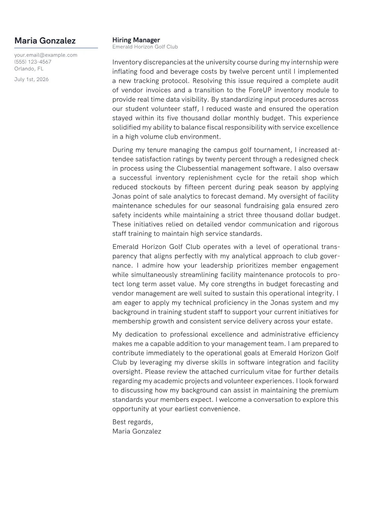 Golf Club Manager cover letter in the Margin design