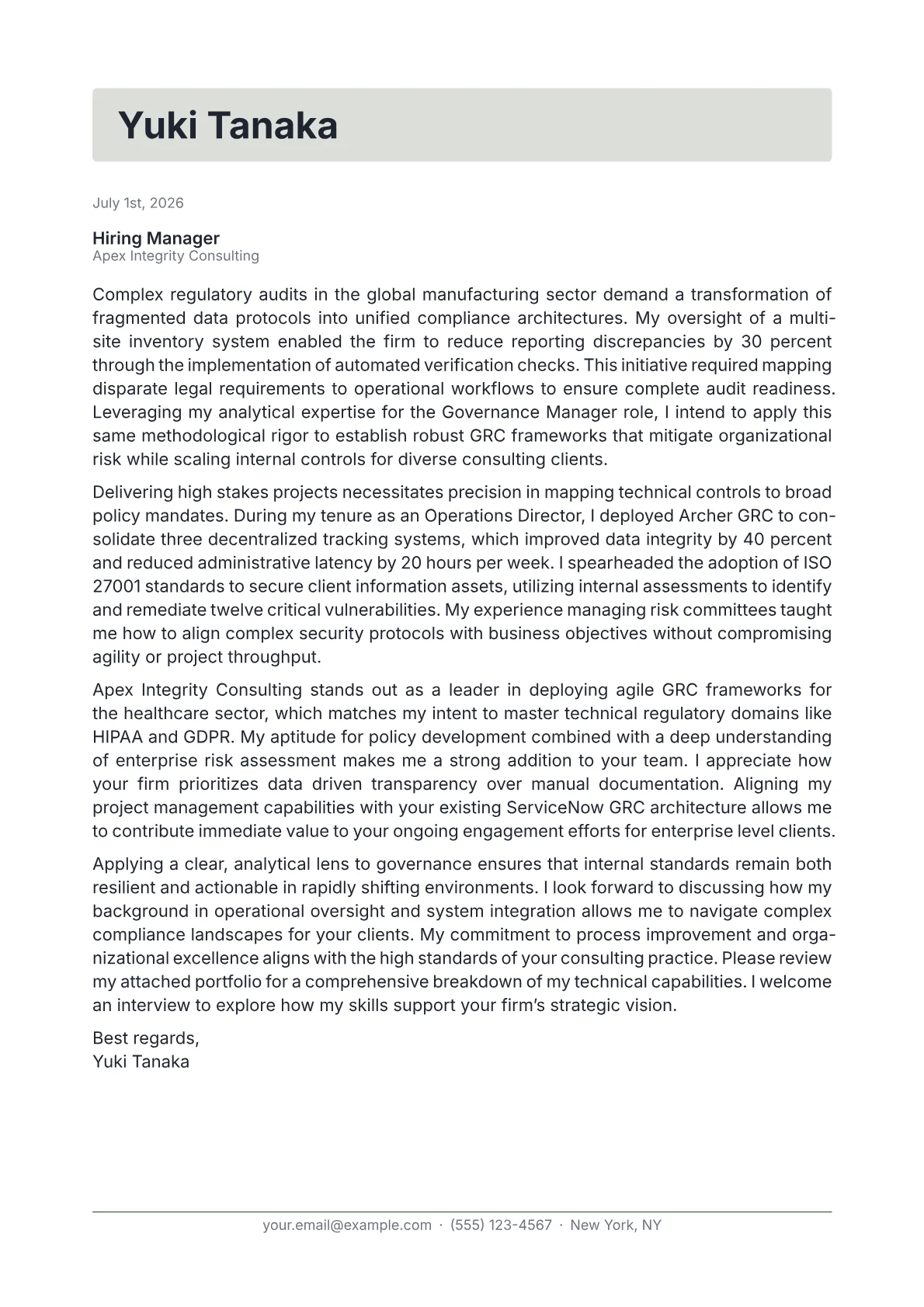 Governance Manager cover letter in the Letterhead design