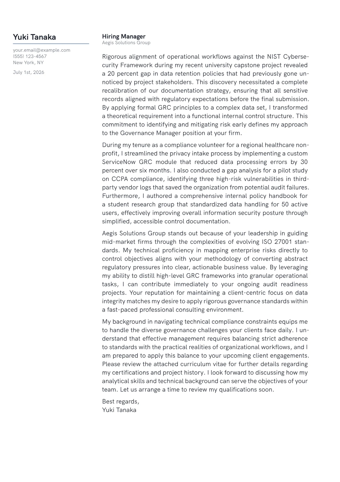 Governance Manager cover letter in the Margin design