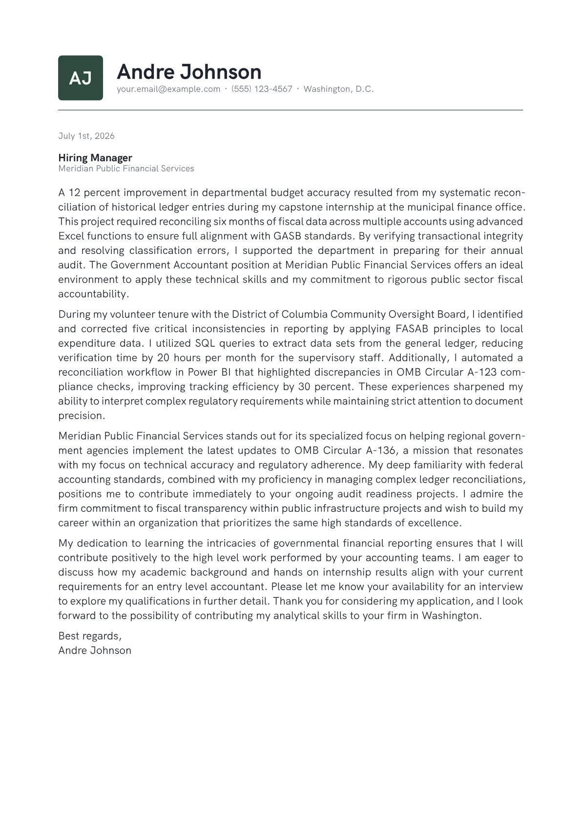 Government Accountant cover letter in the Emblem design