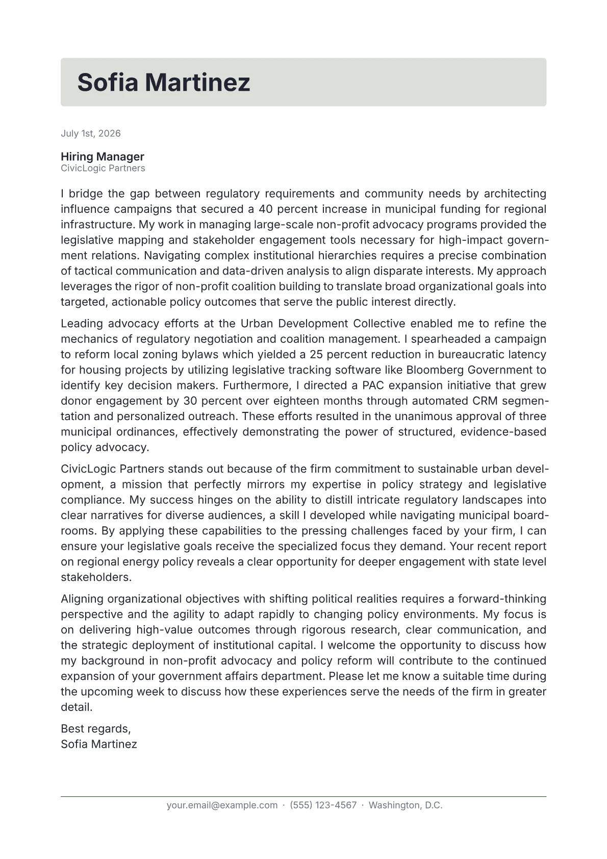 Government Affairs Director cover letter in the Letterhead design