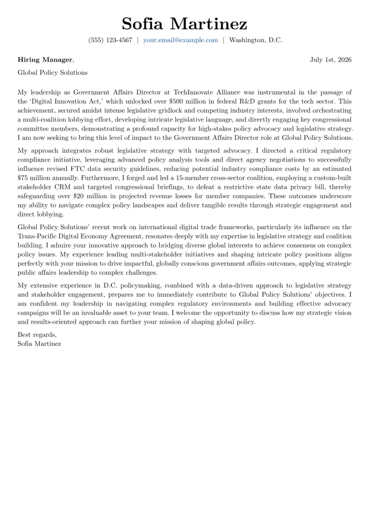 Government Affairs Director cover letter example preview
