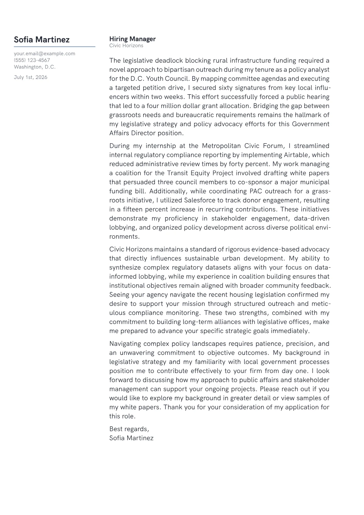 Government Affairs Director cover letter in the Margin design