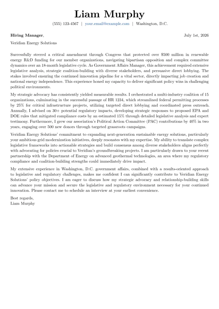 Government Affairs Manager cover letter example preview