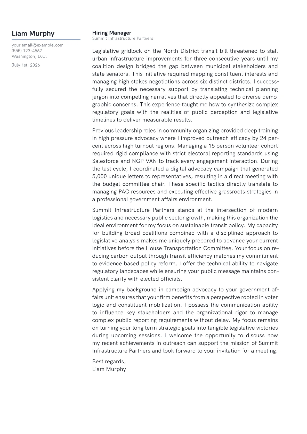 Government Affairs Manager cover letter in the Margin design