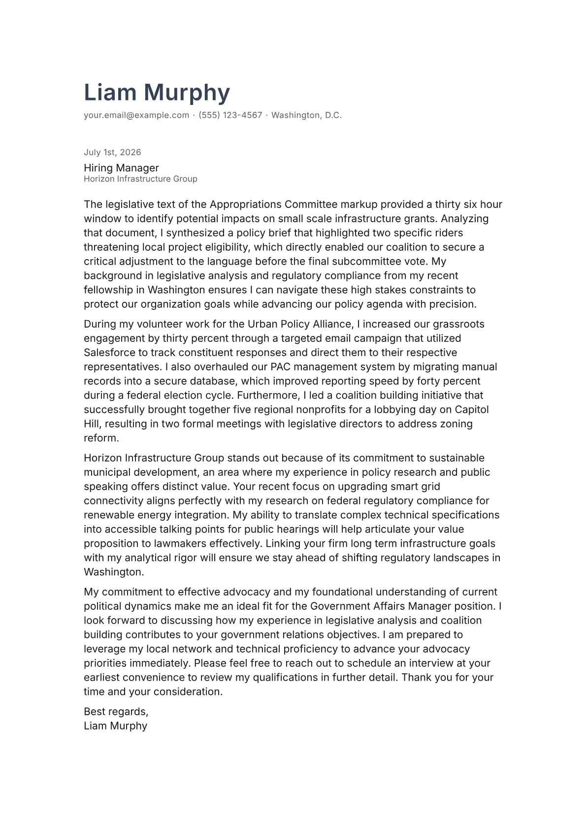 Government Affairs Manager cover letter in the Minimal design