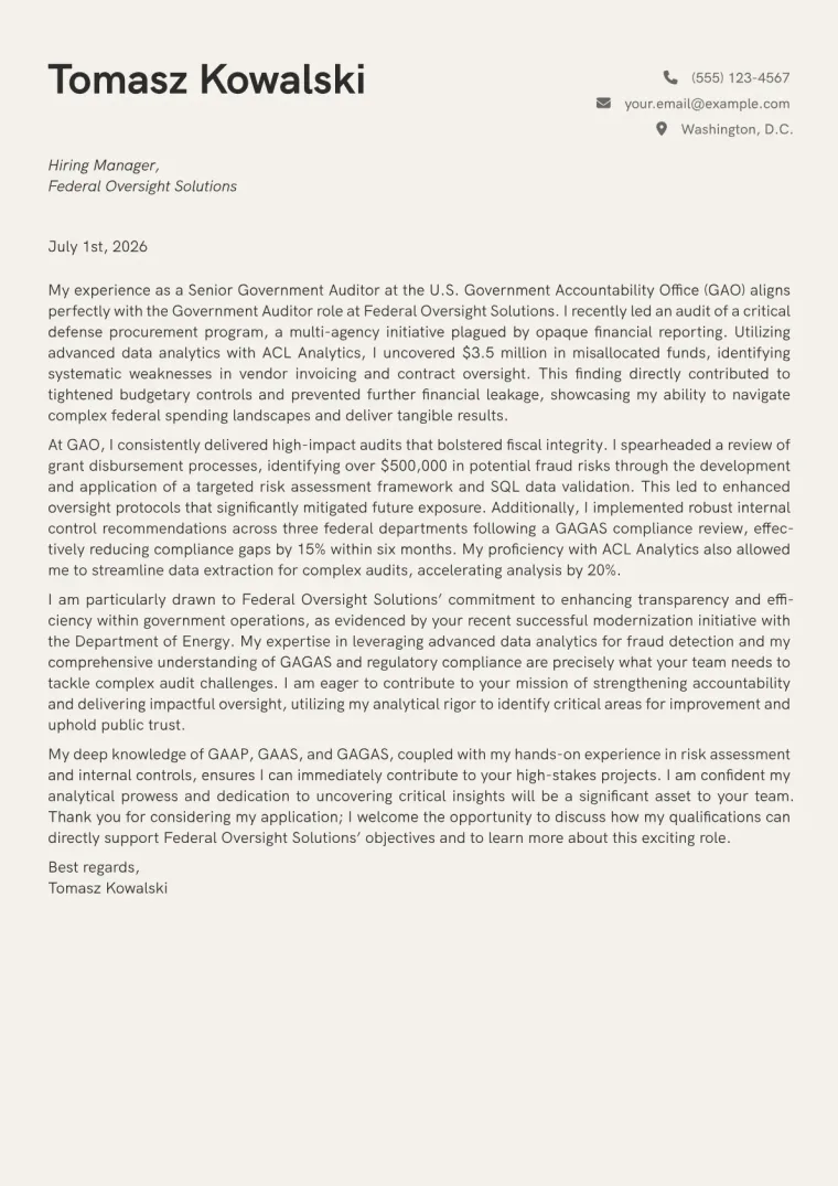 Government Auditor Cover Letter Example