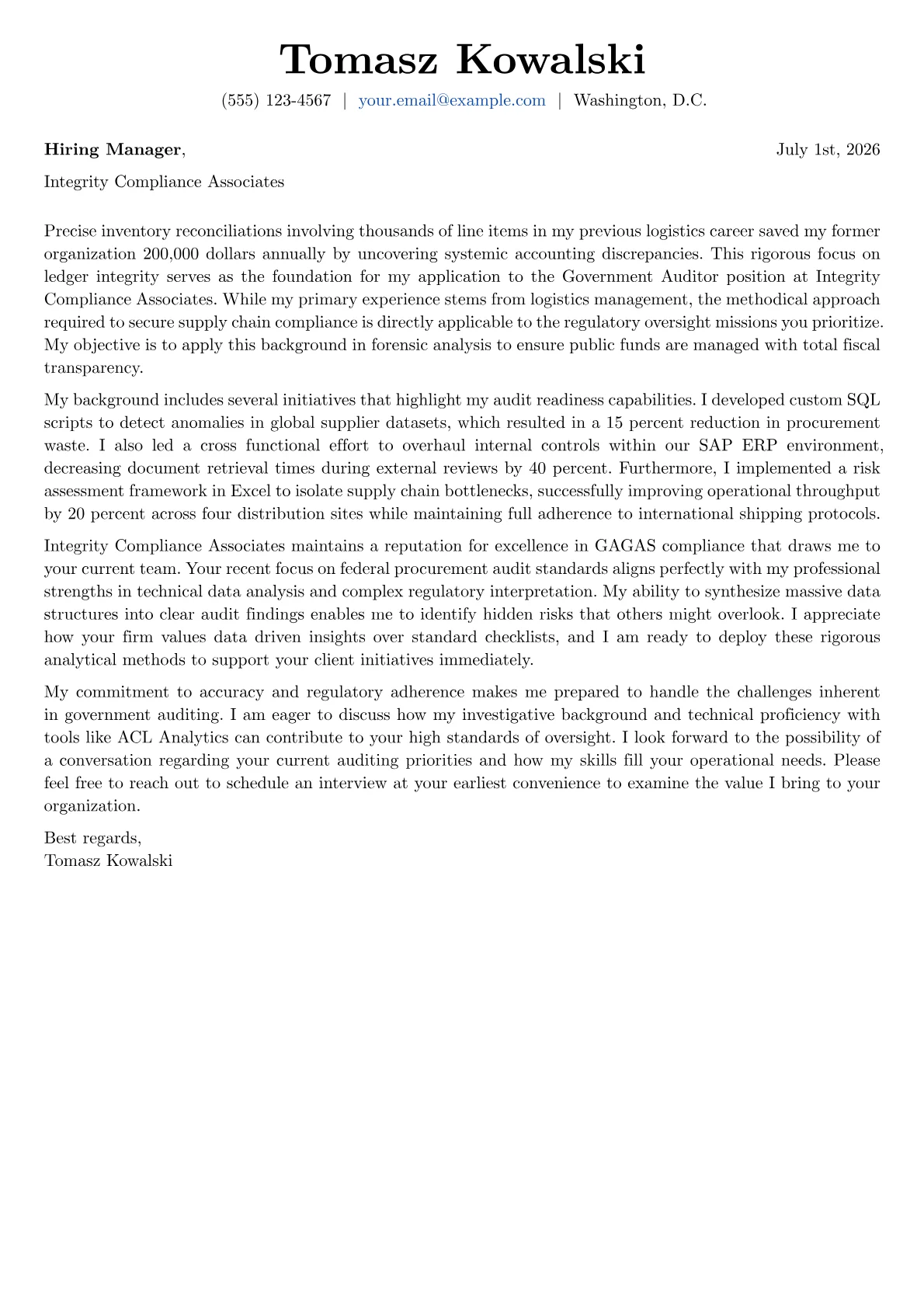 Government Auditor cover letter in the Basic design