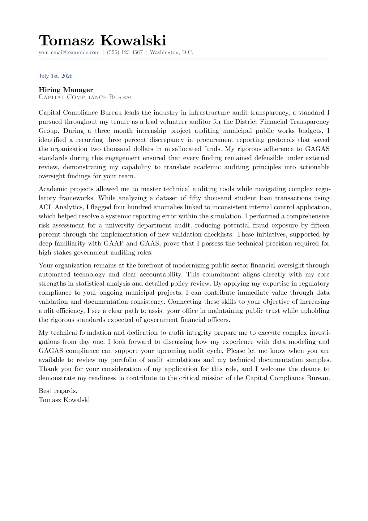 Government Auditor cover letter in the Classic design
