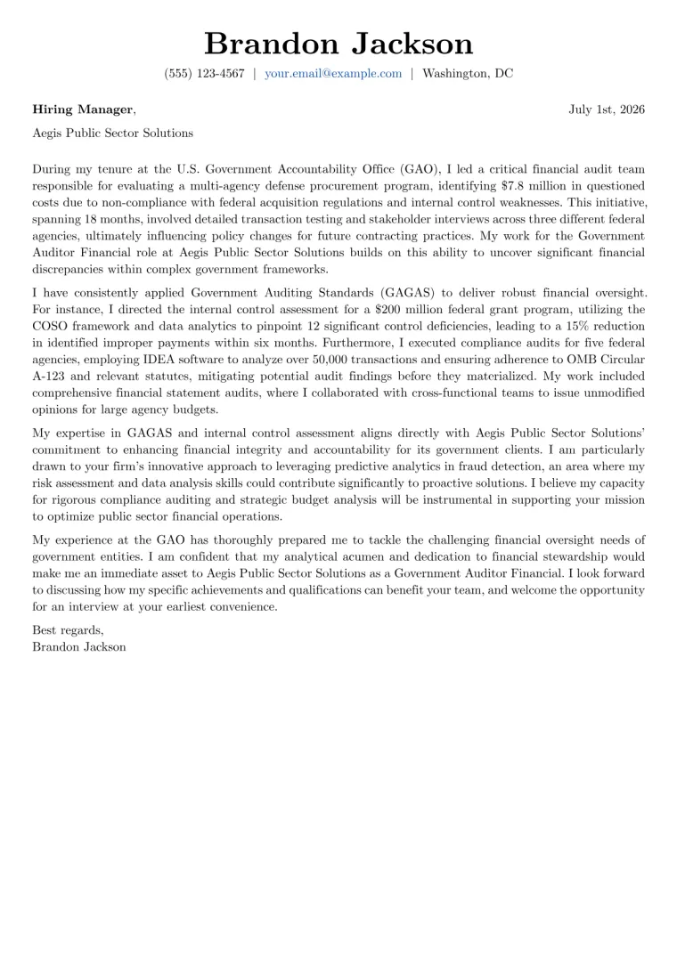 Government Auditor Financial cover letter example preview
