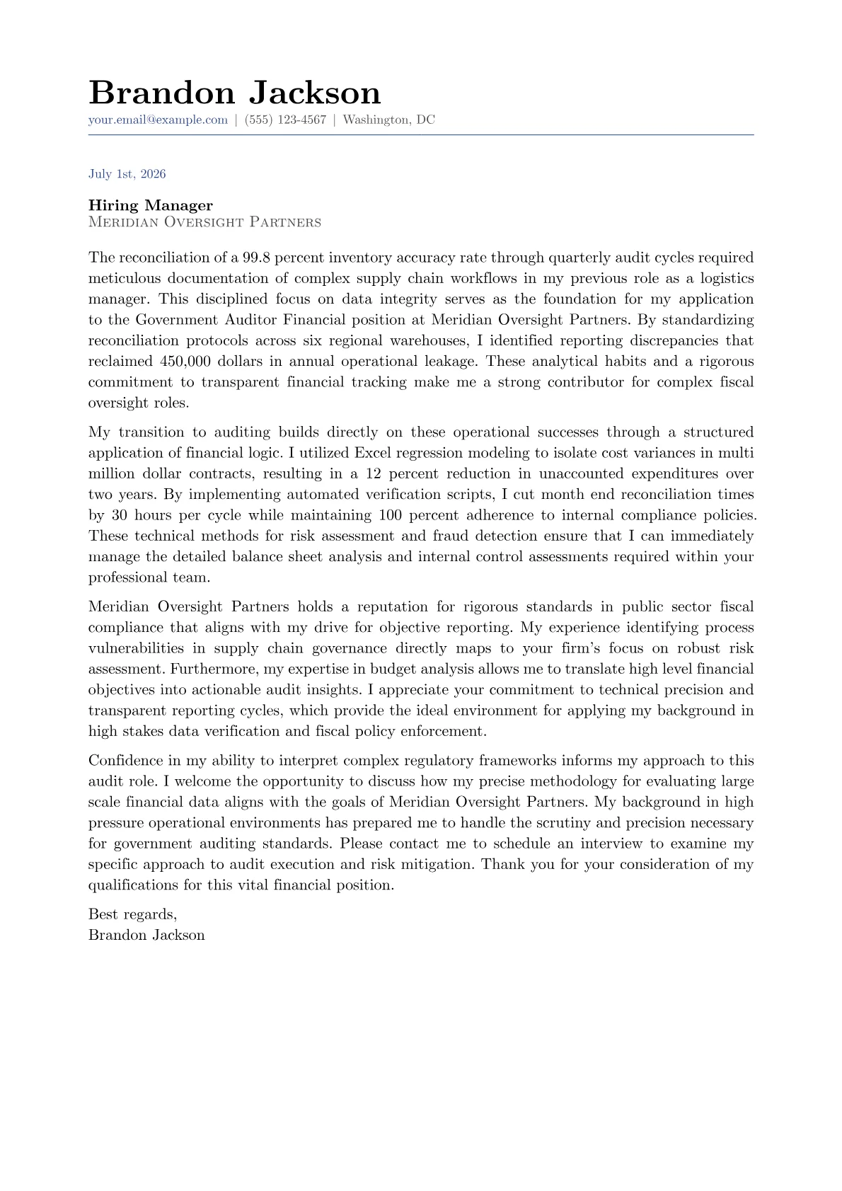 Government Auditor Financial cover letter in the Classic design