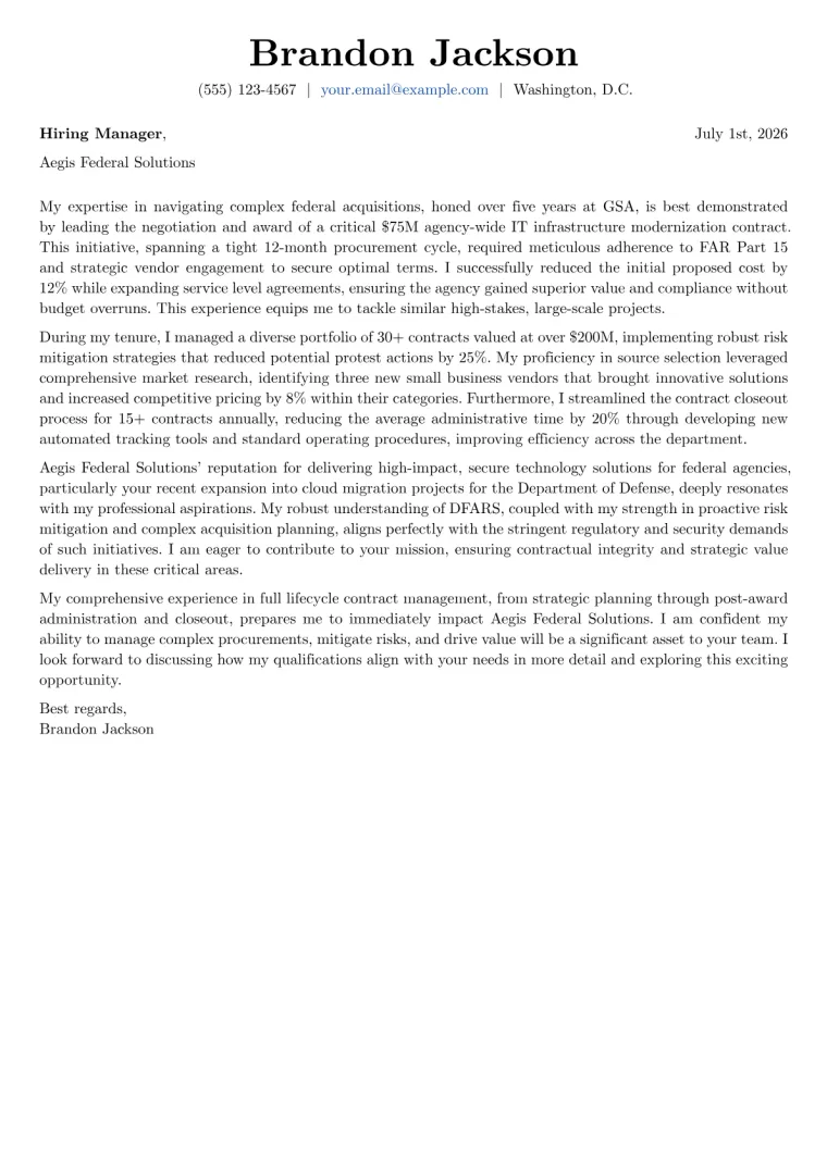 Government Contract Specialist cover letter example preview
