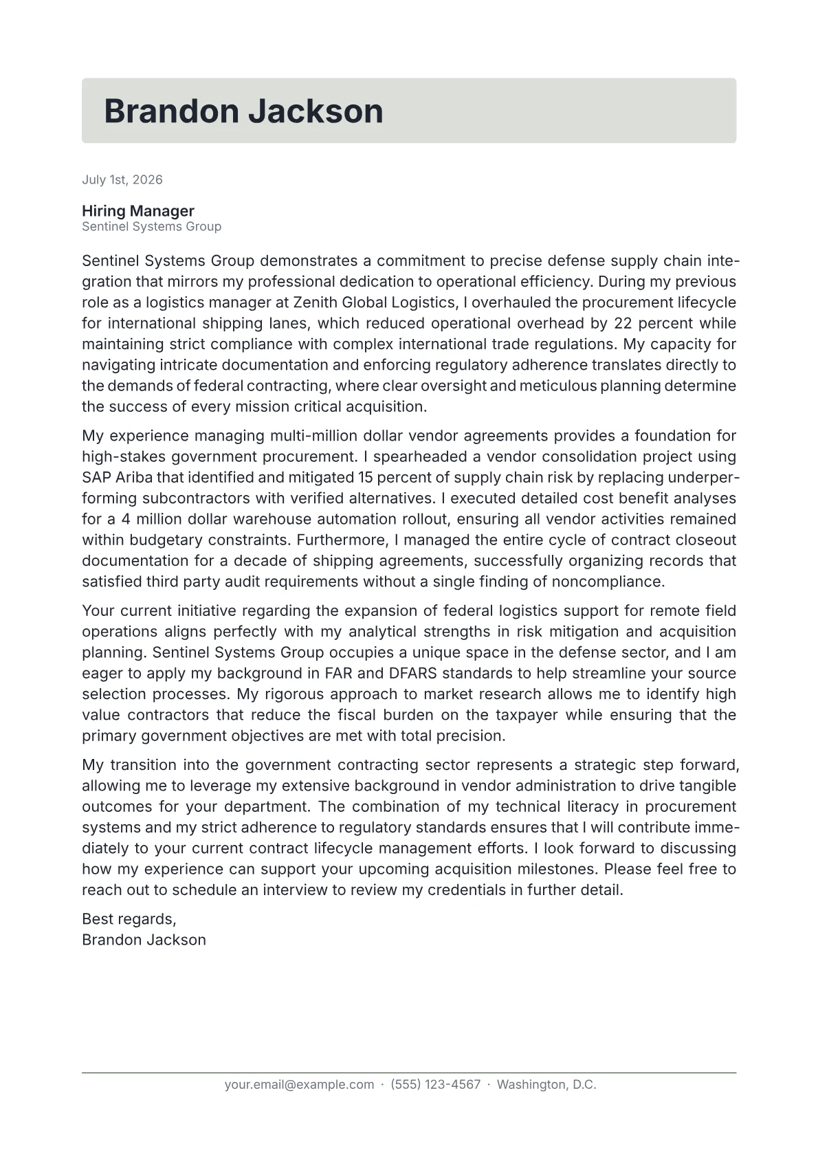 Government Contract Specialist cover letter in the Letterhead design