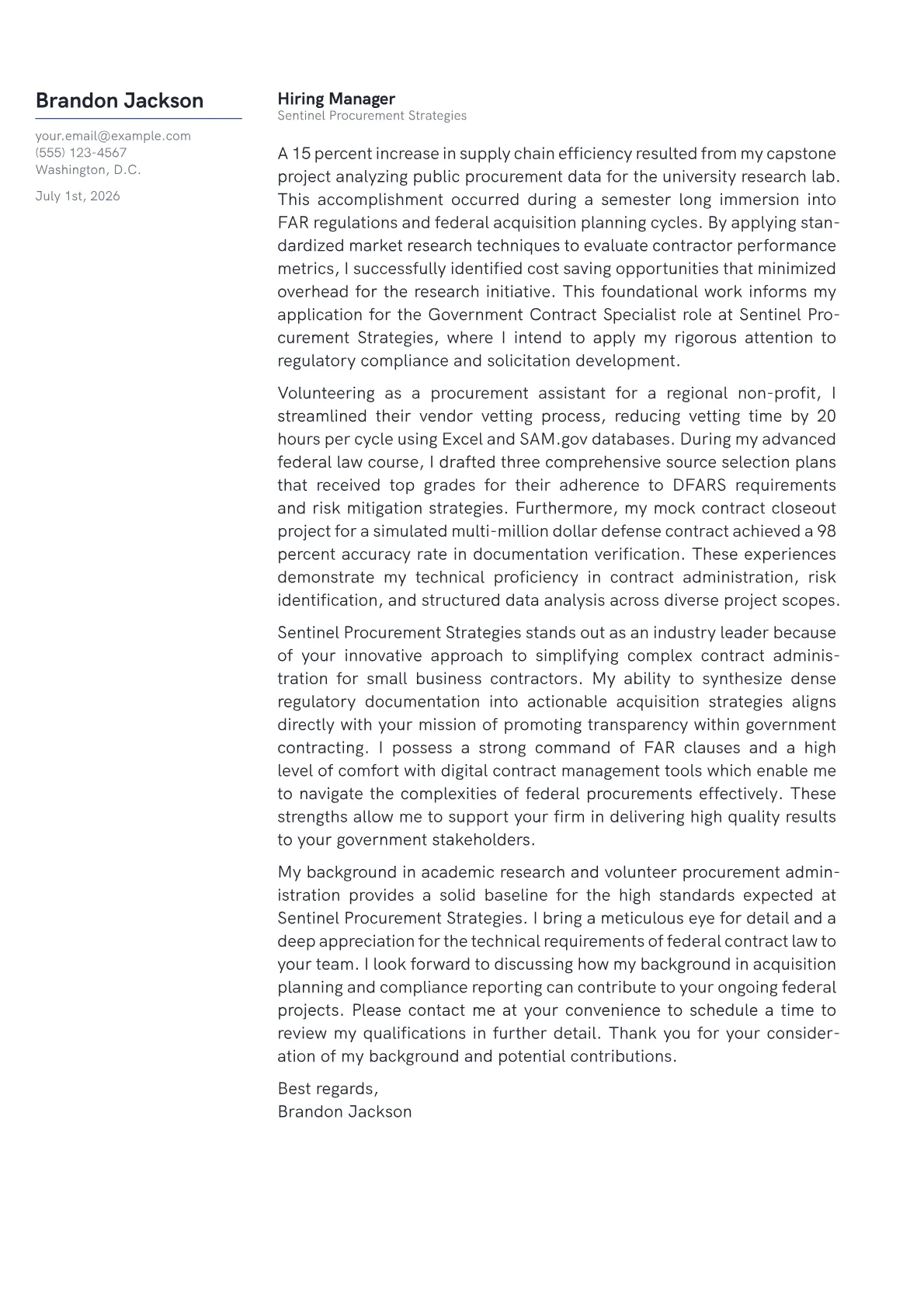 Government Contract Specialist cover letter in the Margin design