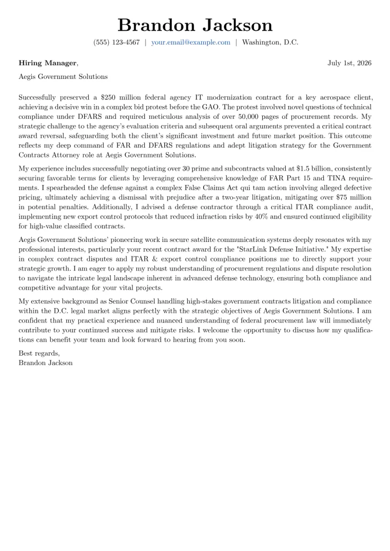 Government Contracts Attorney cover letter example preview