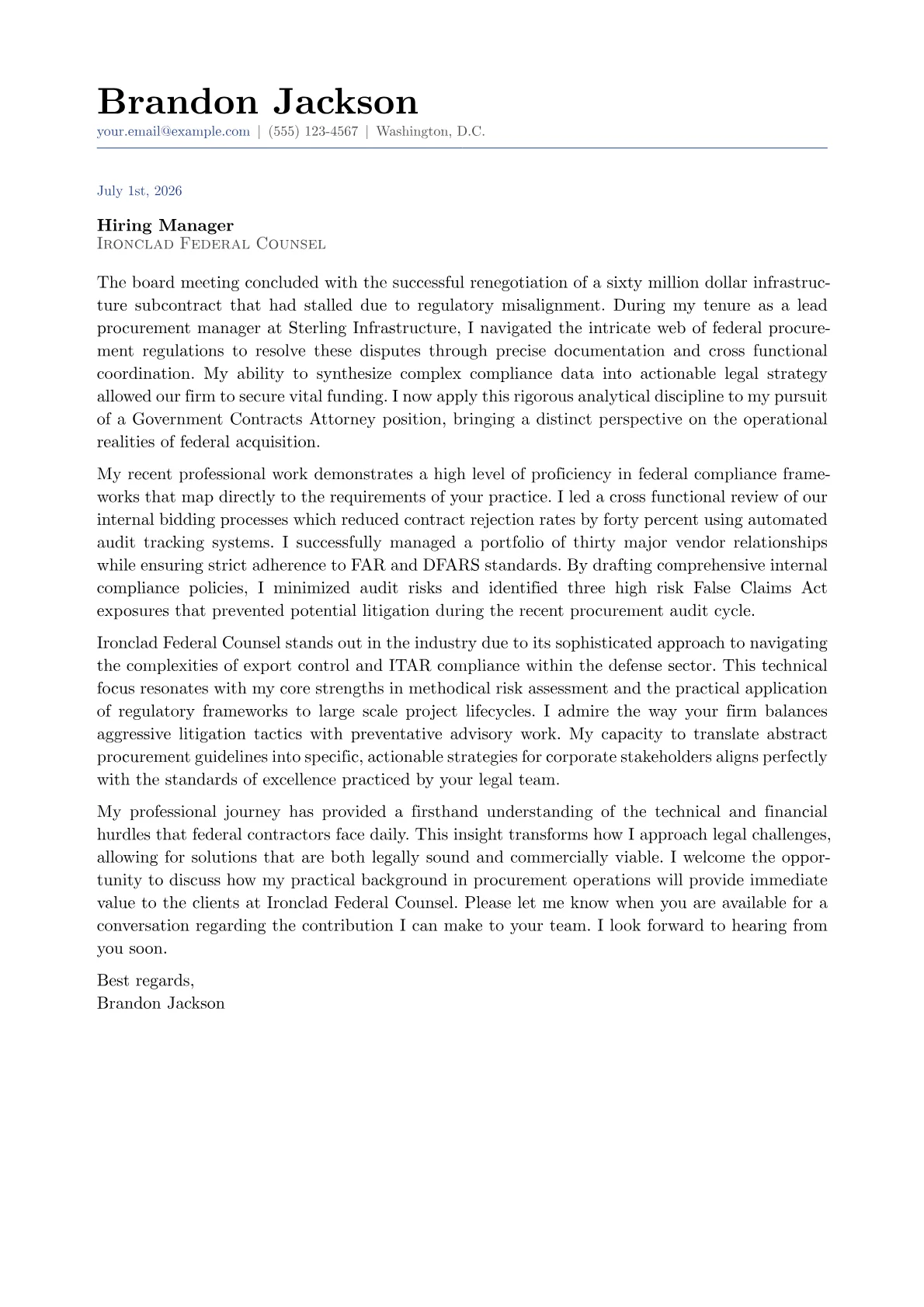 Government Contracts Attorney cover letter in the Classic design