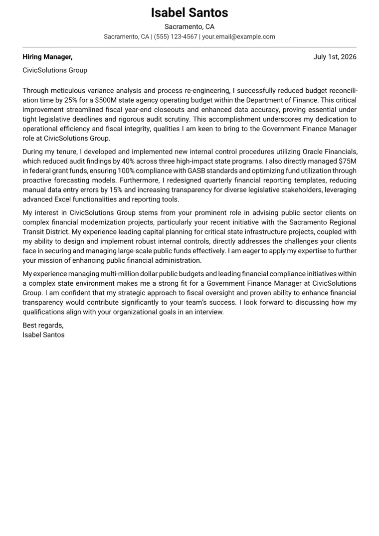 Government Finance Manager cover letter example preview