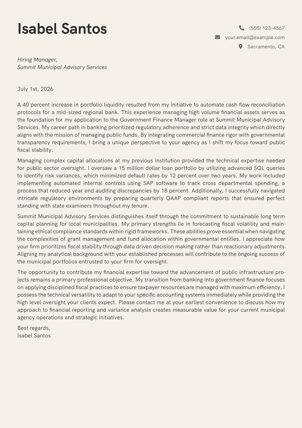Government Finance Manager cover letter in the Creative design