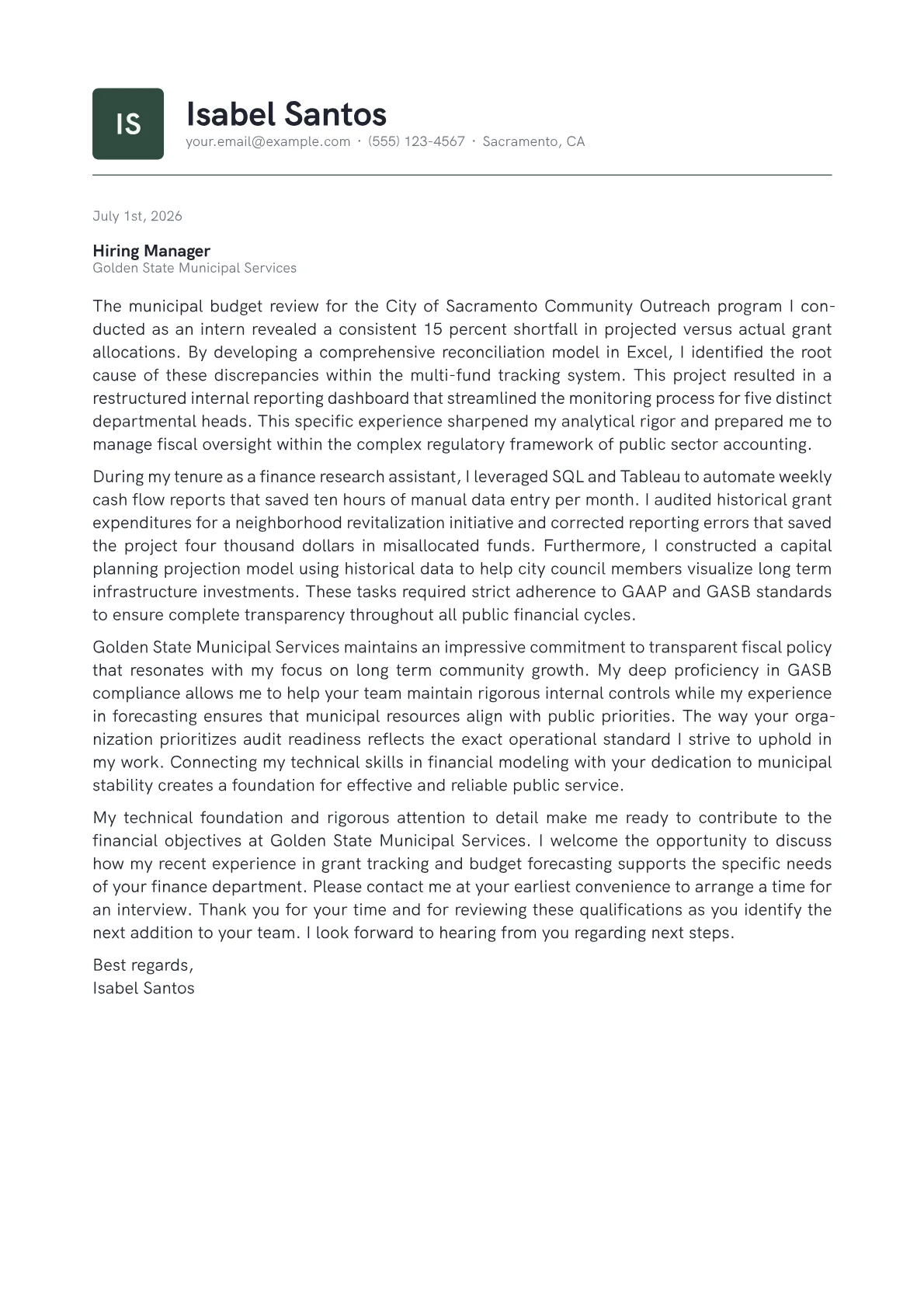 Government Finance Manager cover letter in the Emblem design