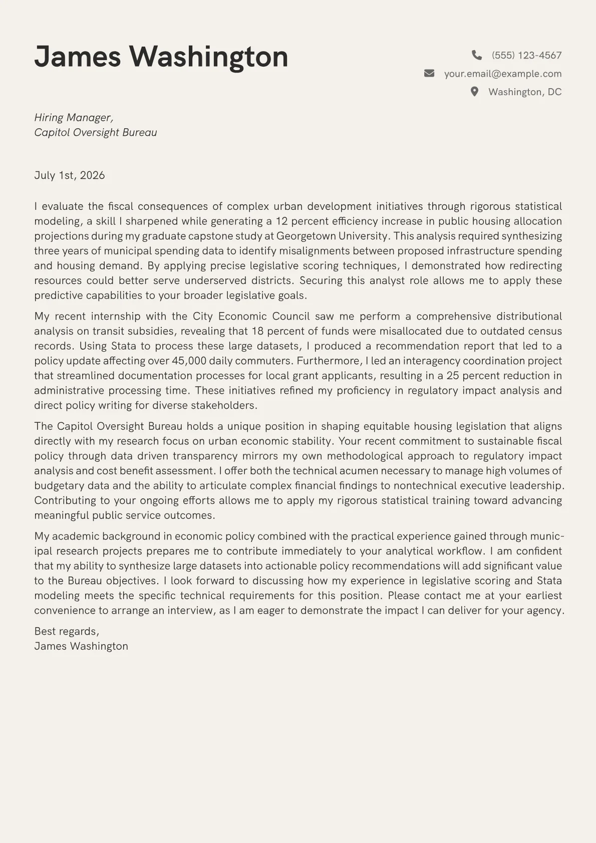 Government Policy Analyst cover letter in the Creative design