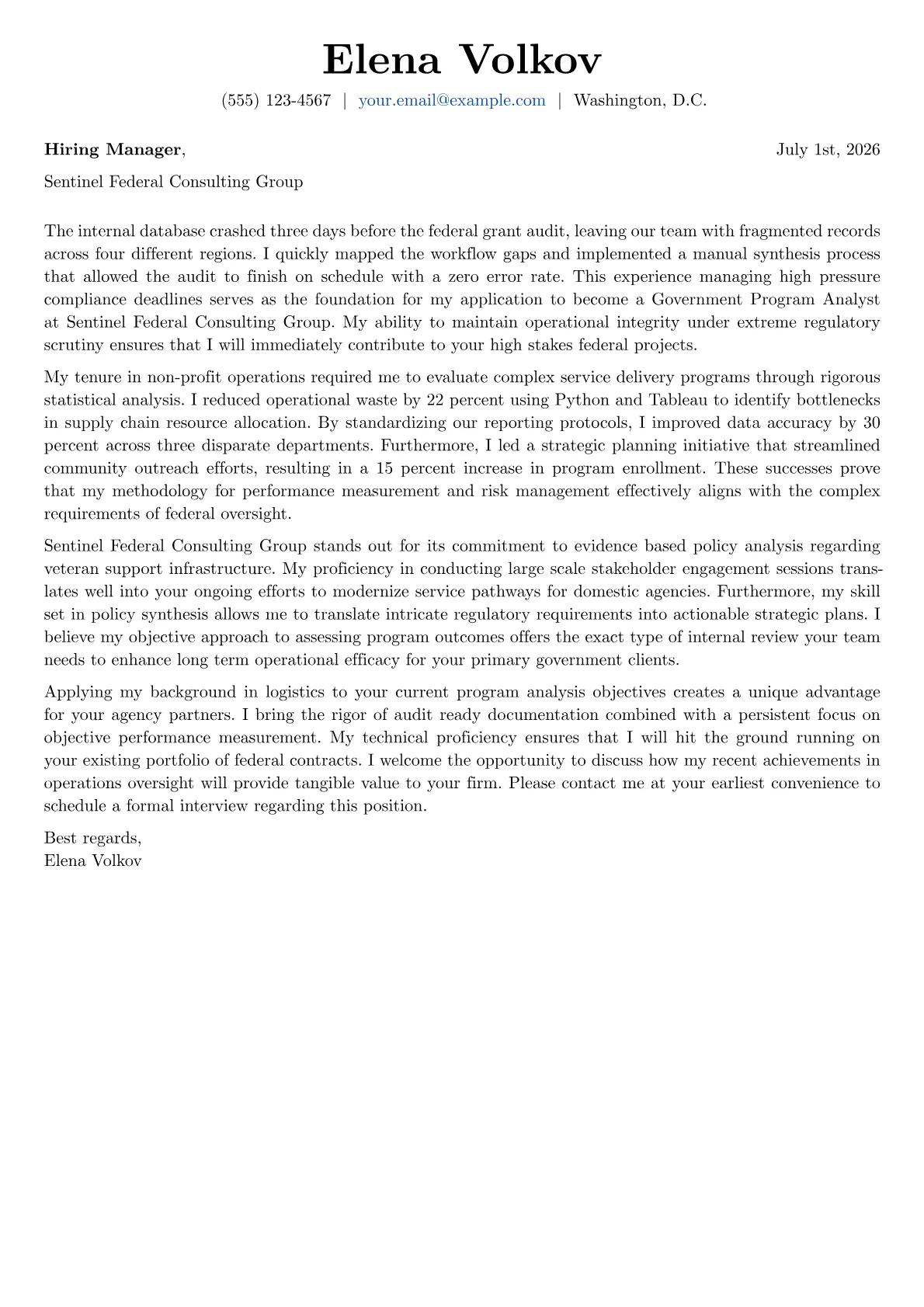 Government Program Analyst cover letter in the Basic design